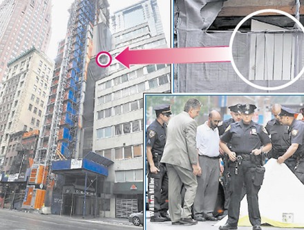 Authorities say Korshunova leaped to her death Saturday from her downtown building , where construction netting over her balcony appeared to have been cut (top). Police (below) inspect the gruesome scene on Water Street. (C) NYPOST