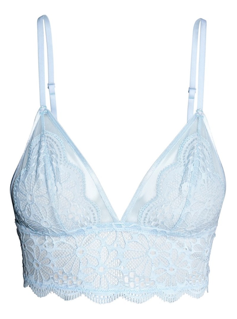 Baby blue lace bralette with floral details and mesh lining