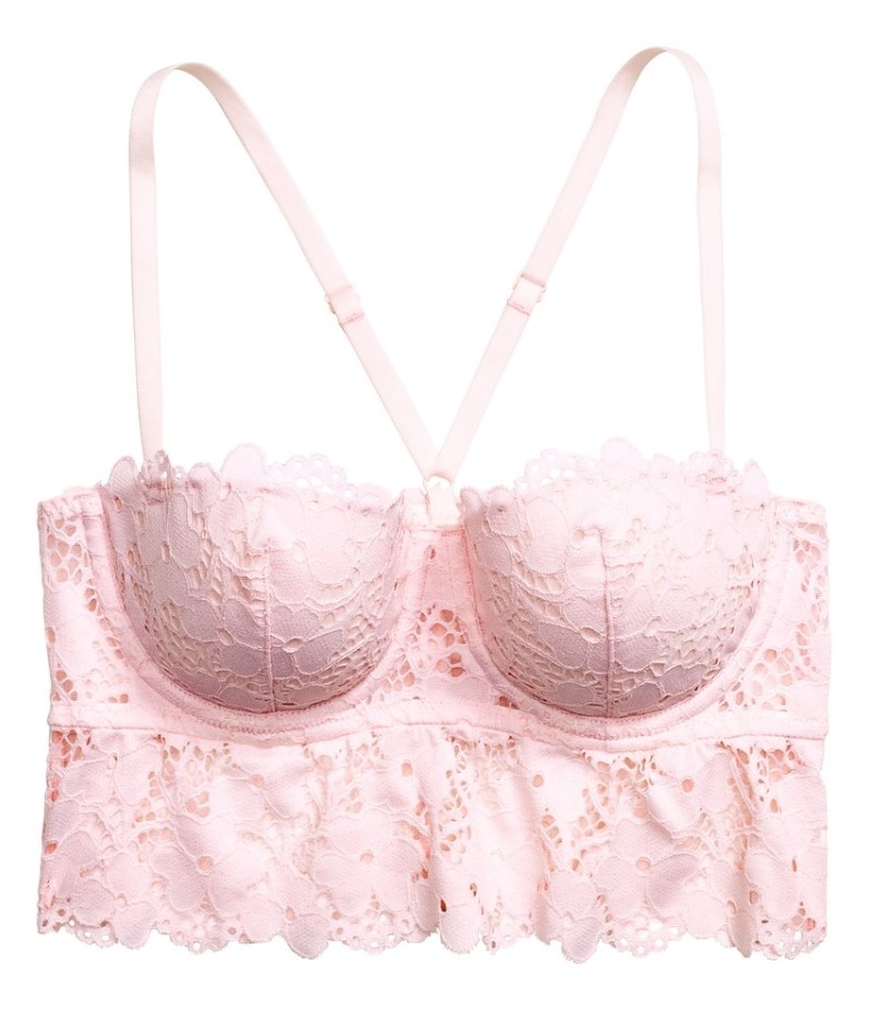 Light pink balconette bra with floral lace detailing and cross-back straps