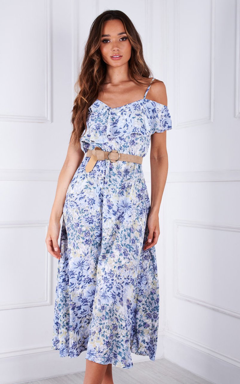 Delis Floral Off Shoulder Floaty Midi Dress in Blue