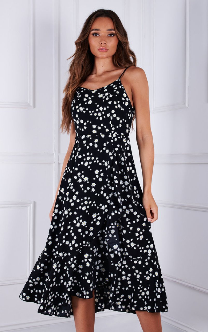 Cecilia Floral Midi Dress in Black