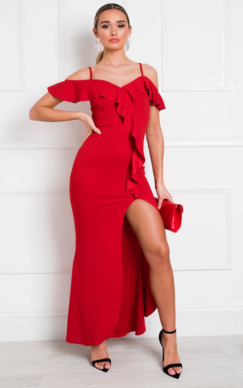 Carina Ruffle Bodycon Maxi Dress in Red